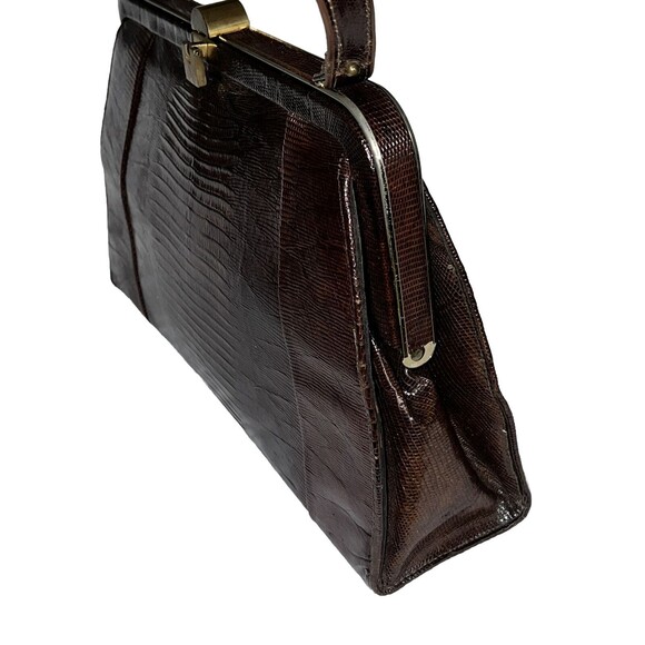 Vintage 50's Tegu Lizard Skin Kelly Hand Bag Mahogany Brushed Metal Clasp 14x9x4 - Picture 6 of 16